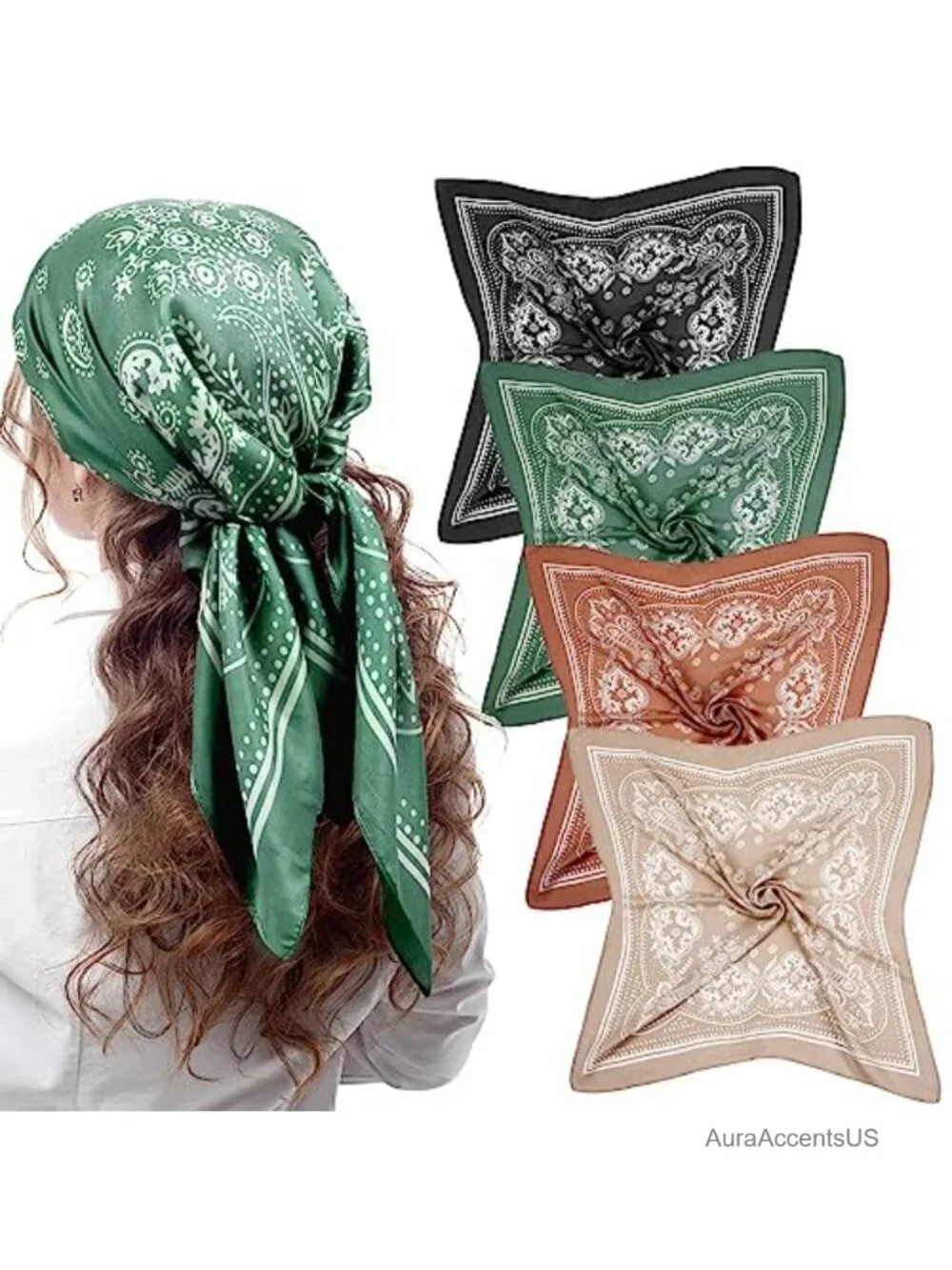 4-Pack 27'' Square Satin Bandanas Paisley Scarf Hair Wrap Neck Scarf